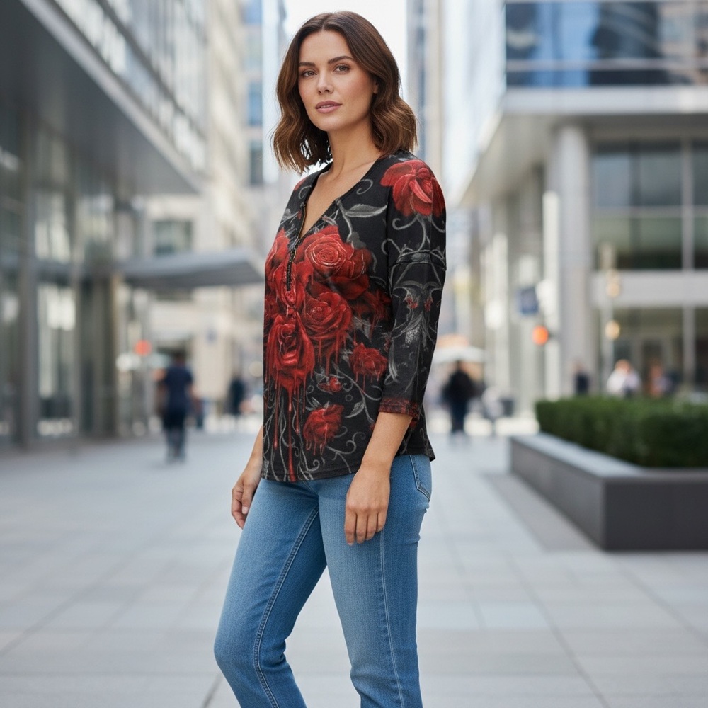 Chic Black and Red Rose Women's Long Sleeve Top